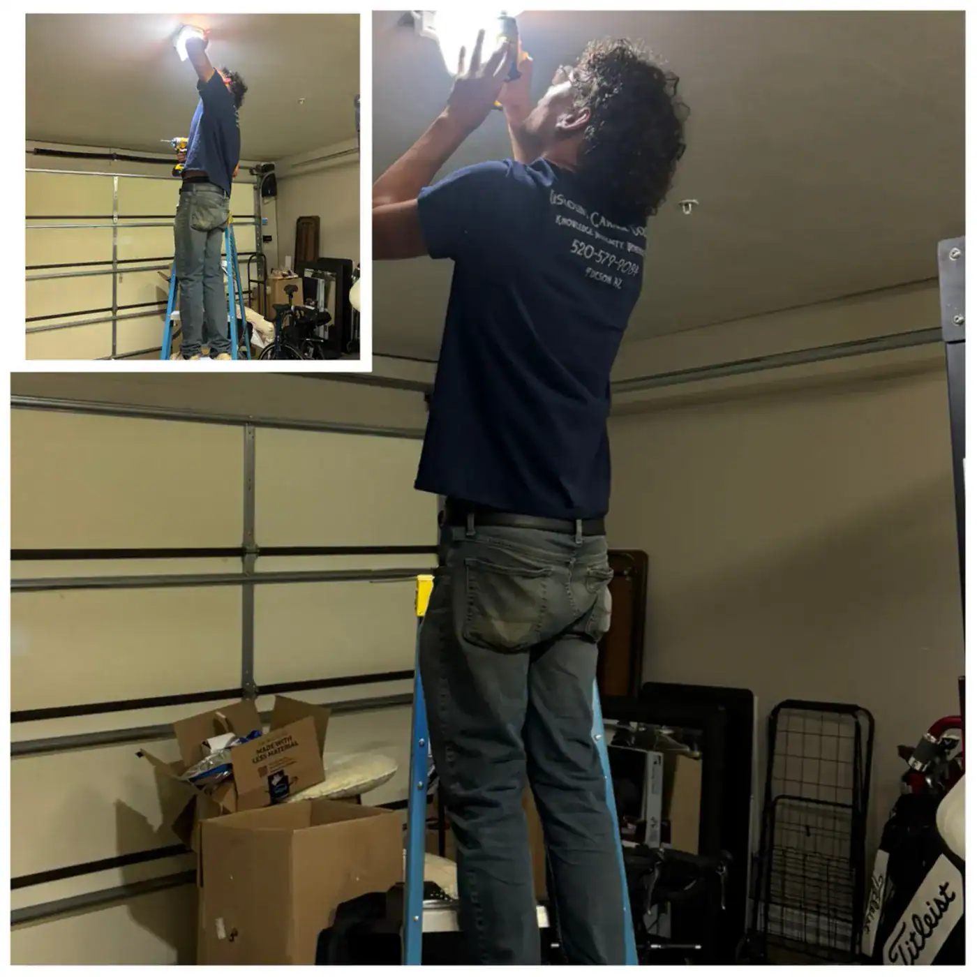 Technician on a ladder working on a garage door opener