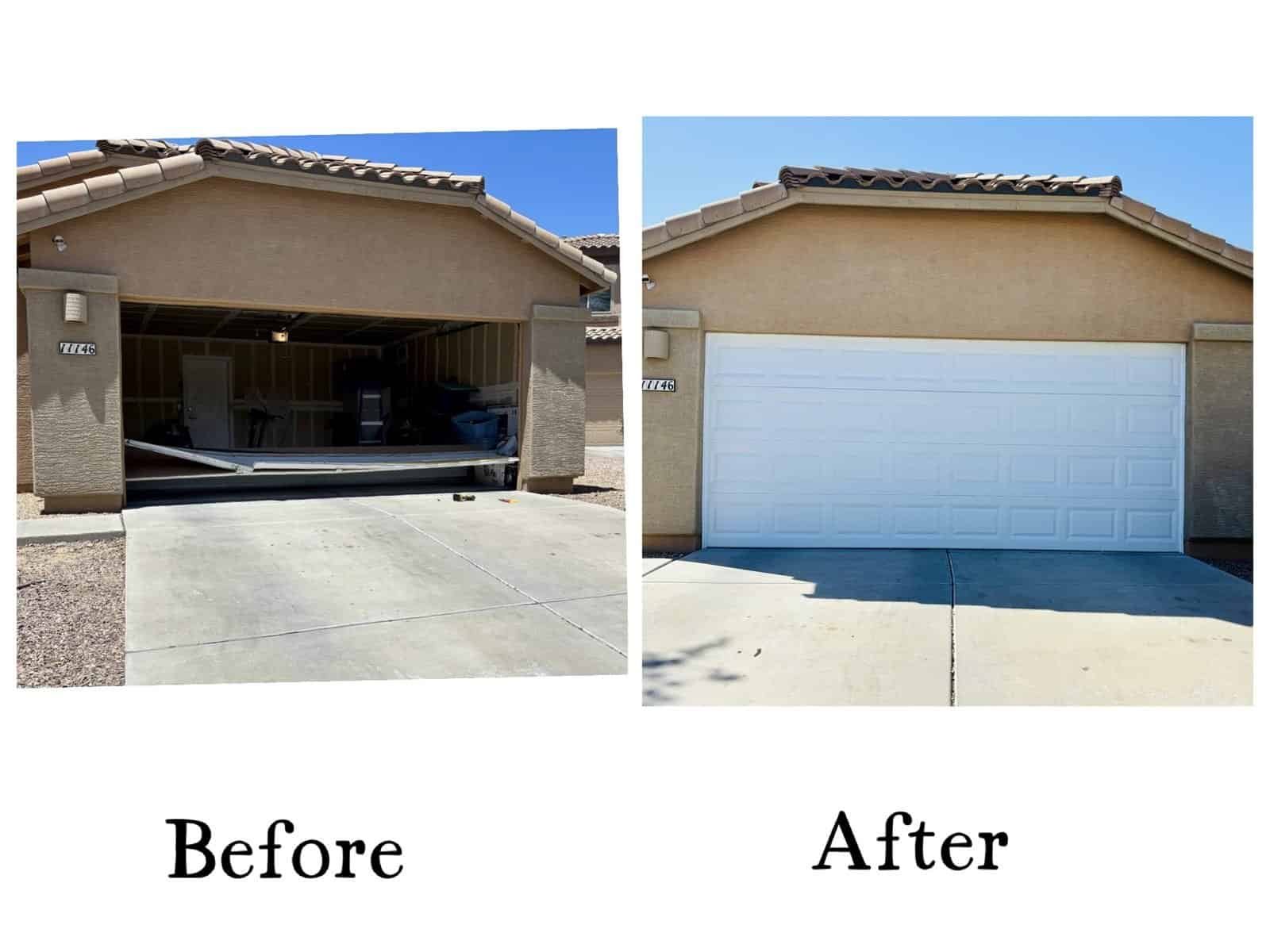 Before and after of a new garage door installation in Tucson by Discount Door Service
